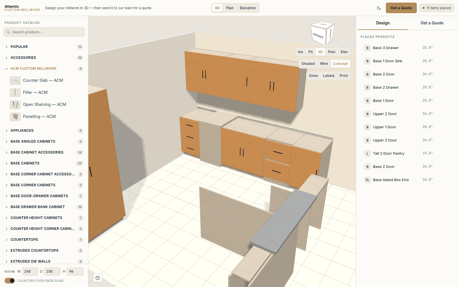 The Studio Designer in a customer's browser: the product catalog on the left, a kitchen in 3D in the middle, sizes and options on the right.