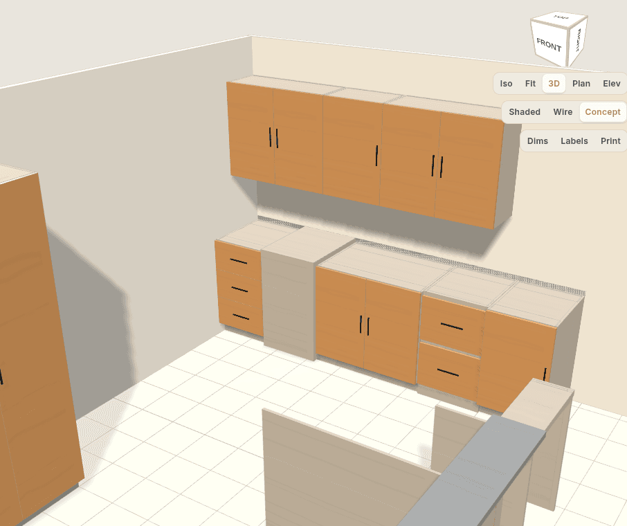 A kitchen laid out in the Studio Designer: a base run with uppers above it, a pantry and an island, drawn in presentation style.