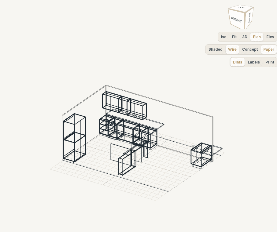 The same kitchen in plan view with running dimensions, ready to print.