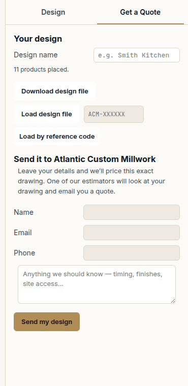 The quote panel: the design name, a download, and the form a customer fills in to send it.