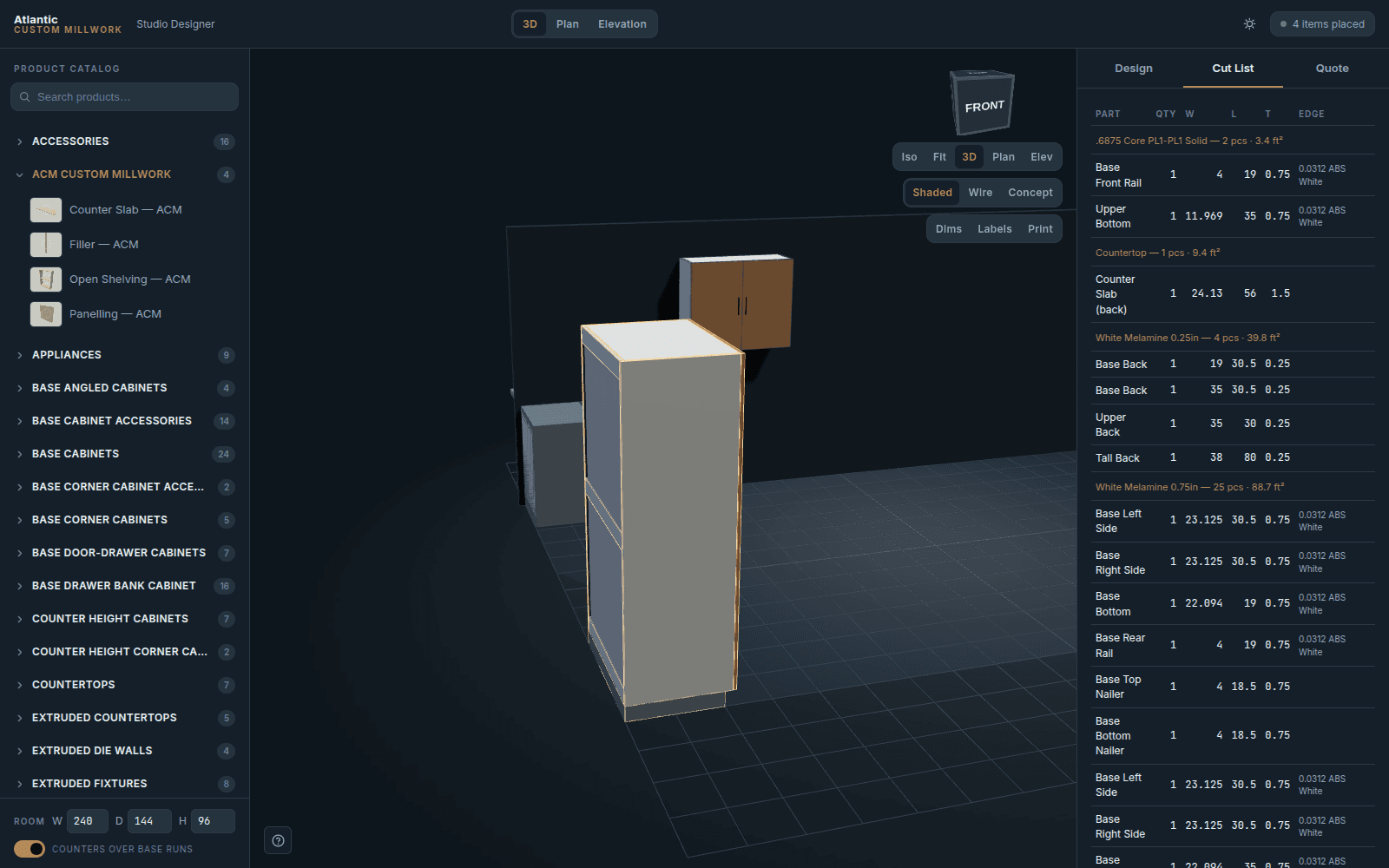 The staff studio in dark mode with the live cut list panel open beside the 3D room.